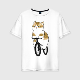 Женская футболка хлопок Oversize с принтом Котик на велосипеде в Тюмени, 100% хлопок | свободный крой, круглый ворот, спущенный рукав, длина до линии бедер
 | Тематика изображения на принте: арт | велосипед | ветер | кот | котёнок | кошка | милая кошка | милый кот | милый котёнок | отдых | отдыхает | пончик | рисунок