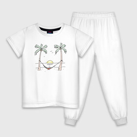 Детская пижама хлопок с принтом Улыбка лета в Тюмени, 100% хлопок |  брюки и футболка прямого кроя, без карманов, на брюках мягкая резинка на поясе и по низу штанин
 | азия | гамак | жаркие страны | закат | зимовка | иллюстрация | лето | пальмы | рисунок