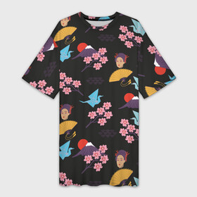 Платье-футболка 3D с принтом Япония паттерн в Тюмени,  |  | веер | иллюстрация | оригами | паттерн | путешествия | рисунок | сакура | туризм | туристический | фуджияма | япония