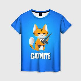 Женская футболка 3D с принтом Catnite в Тюмени, 100% полиэфир ( синтетическое хлопкоподобное полотно) | прямой крой, круглый вырез горловины, длина до линии бедер | cs go | fortnite | кот | котик | смешной кот | смешной фортнайт | фортнайт | шутер