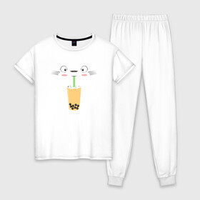 Женская пижама хлопок с принтом Totoro Drink в Тюмени, 100% хлопок | брюки и футболка прямого кроя, без карманов, на брюках мягкая резинка на поясе и по низу штанин | Тематика изображения на принте: ghibli | japan | nature | neigbor | neighbour | totoro | анимация | аниме | гибли | друг | животные | лес | милый | мир | миядзаки | мой сосед тоторо | мульт | мультфильм | природа | сок | сосед | сусуватари | тоторо | хаяо