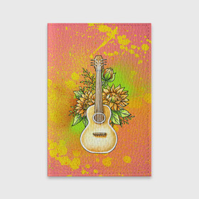 Обложка для паспорта матовая кожа с принтом Гитара и подсолнухи в Тюмени, натуральная матовая кожа | размер 19,3 х 13,7 см; прозрачные пластиковые крепления | гитара | инструмент | кляксы | подсолнух | цветы