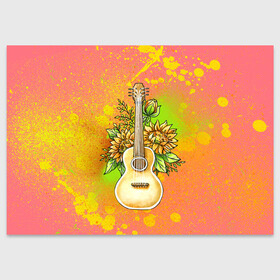 Поздравительная открытка с принтом Гитара и подсолнухи в Тюмени, 100% бумага | плотность бумаги 280 г/м2, матовая, на обратной стороне линовка и место для марки
 | Тематика изображения на принте: гитара | инструмент | кляксы | подсолнух | цветы
