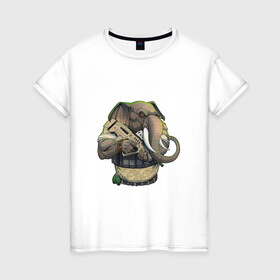 Женская футболка хлопок с принтом Слон-военный в Тюмени, 100% хлопок | прямой крой, круглый вырез горловины, длина до линии бедер, слегка спущенное плечо | автомат | арт | животное | зверь | оружие | рисунок | слон | человекоподобный