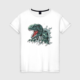 Женская футболка хлопок с принтом Динозавр в Тюмени, 100% хлопок | прямой крой, круглый вырез горловины, длина до линии бедер, слегка спущенное плечо | динозавр | тиранозавр | угроза | хищник | эра