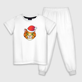 Детская пижама хлопок с принтом Мордочка Тигра в колпаке Санты в Тюмени, 100% хлопок |  брюки и футболка прямого кроя, без карманов, на брюках мягкая резинка на поясе и по низу штанин
 | 2022 | колпак санты | новый год | символ | тигр