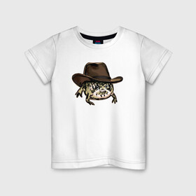 Детская футболка хлопок с принтом Дождевая лягушка в шляпе в Тюмени, 100% хлопок | круглый вырез горловины, полуприлегающий силуэт, длина до линии бедер | Тематика изображения на принте: cowboy | cowboy hat | desert rain frog | howdy meme | meme | дождевая лягушка | иллюстрация | ковбой | ковбойская шляпа | лягуха | мемы | настроение | недовольное лицо | прикольные картинки | рисунок | сердитая лягушка