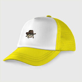 Детская кепка тракер с принтом Дождевая лягушка в шляпе в Тюмени, Козырек - 100% хлопок. Кепка - 100% полиэстер, Задняя часть - сетка | универсальный размер, пластиковая застёжка | Тематика изображения на принте: cowboy | cowboy hat | desert rain frog | howdy meme | meme | дождевая лягушка | иллюстрация | ковбой | ковбойская шляпа | лягуха | мемы | настроение | недовольное лицо | прикольные картинки | рисунок | сердитая лягушка