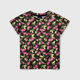 Детская футболка 3D с принтом Вишневый узор  в Тюмени, 100% гипоаллергенный полиэфир | прямой крой, круглый вырез горловины, длина до линии бедер, чуть спущенное плечо, ткань немного тянется | Тематика изображения на принте: вишня | детский | еда | лето | природа | розовый и черный | сад | ягодный узор | ягоды | ягоды вишни