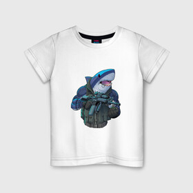 Детская футболка хлопок с принтом Водный спецназ в Тюмени, 100% хлопок | круглый вырез горловины, полуприлегающий силуэт, длина до линии бедер | акула | арт | граната | зубы | клыки | огнестрельное оружие | рисунок | рыба | рыбы | хищник | человекоподобный