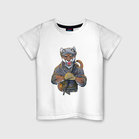 Детская футболка хлопок с принтом Опасный клык в Тюмени, 100% хлопок | круглый вырез горловины, полуприлегающий силуэт, длина до линии бедер | Тематика изображения на принте: арт | большая кошка | животное | зверь | оружие | пума | рисунок | человекоподобный
