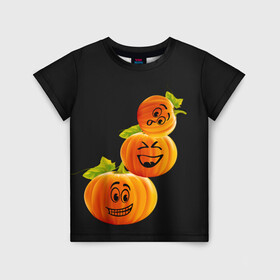 Детская футболка 3D с принтом Хэллоуин смешные тыквы в Тюмени, 100% гипоаллергенный полиэфир | прямой крой, круглый вырез горловины, длина до линии бедер, чуть спущенное плечо, ткань немного тянется | день всех святых | забавные рожицы | карнавал | праздник | смешные | тыквы | хэллоуин
