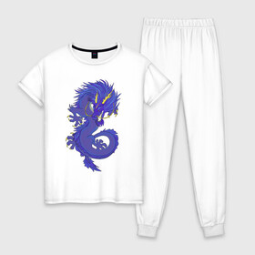 Женская пижама хлопок с принтом Blue dragon в Тюмени, 100% хлопок | брюки и футболка прямого кроя, без карманов, на брюках мягкая резинка на поясе и по низу штанин | dragon | змей | иллюстрация | летучий змей | синий