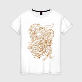 Женская футболка хлопок с принтом Дракон и феникс в Тюмени, 100% хлопок | прямой крой, круглый вырез горловины, длина до линии бедер, слегка спущенное плечо | арт | битва | дракон | иллюстрация | огненная птица | феникс