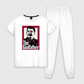 Женская пижама хлопок с принтом Сталин в Тюмени, 100% хлопок | брюки и футболка прямого кроя, без карманов, на брюках мягкая резинка на поясе и по низу штанин | godfather | вождь | коммунизм | крестный отец | социализм | ссср