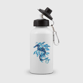 Бутылка спортивная с принтом Морской дракон в Тюмени, металл | емкость — 500 мл, в комплекте две пластиковые крышки и карабин для крепления | Тематика изображения на принте: арт | дракон | конёк | конь | море | морской конёк | рисунок | фантастический зверь | фантастическое животное