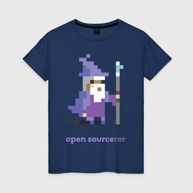 Женская футболка хлопок с принтом open sourserer в Тюмени, 100% хлопок | прямой крой, круглый вырез горловины, длина до линии бедер, слегка спущенное плечо | coding | open source | programming | волшебник | кодинг | програмирование | программирование