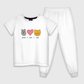 Детская пижама хлопок с принтом PEACE LOVE CATS (Z) в Тюмени, 100% хлопок |  брюки и футболка прямого кроя, без карманов, на брюках мягкая резинка на поясе и по низу штанин
 | Тематика изображения на принте: cat | cats | love | lovers | peace | кот | коты | любить | любовь | мир | хипи | хиппи
