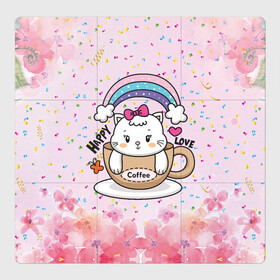 Магнитный плакат 3Х3 с принтом Милая кошечка в чашке кофе в Тюмени, Полимерный материал с магнитным слоем | 9 деталей размером 9*9 см | кот | котик | котята | кофе | кошечка | кошка | радуга | чашка кофе
