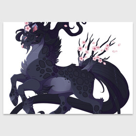 Поздравительная открытка с принтом Зверь весны в Тюмени, 100% бумага | плотность бумаги 280 г/м2, матовая, на обратной стороне линовка и место для марки
 | арт | весна | конь | лошадь | рисунок | розовые цветы | розовый цветок | сакура | фантастический зверь | фантастическое животное | цветок | цветок сакуры | цветы | цветы сакуры | черная лошадь