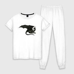 Женская пижама хлопок с принтом Черный дракон  в Тюмени, 100% хлопок | брюки и футболка прямого кроя, без карманов, на брюках мягкая резинка на поясе и по низу штанин | dragon | дракон | дракониха | крылья | черный