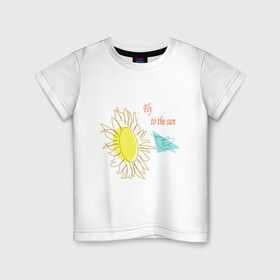 Детская футболка хлопок с принтом Полет в Тюмени, 100% хлопок | круглый вырез горловины, полуприлегающий силуэт, длина до линии бедер | art line | bird | blue | color spots | flight | flower | fly | lines | summer | sun | sunflower | yellow | арт лайн | желтый | лети | лето | линии | подсолнух | полет | птица | солнце | цветные пятна | цветок