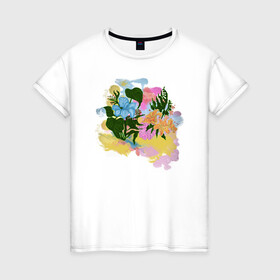 Женская футболка хлопок с принтом Цветы акварель в Тюмени, 100% хлопок | прямой крой, круглый вырез горловины, длина до линии бедер, слегка спущенное плечо | flowers | watercolors | акварель | краски | лилия | цветы