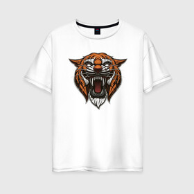 Женская футболка хлопок Oversize с принтом Рычащий Тигр в Тюмени, 100% хлопок | свободный крой, круглый ворот, спущенный рукав, длина до линии бедер
 | 2022 | animal | cat | lion | tiger | год тигра | животные | зубы | кот | кошка | лев | охотник | полосатый | природа | тигр | тигренок | тигрица | хищник