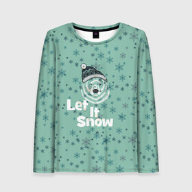 Женский лонгслив 3D с принтом Зима снежинки в Тюмени, 100% полиэстер | длинные рукава, круглый вырез горловины, полуприлегающий силуэт | let it snow | зима | идёт снег | медведь | метель | нг | новый год | рождество | снег | снегопад | снежинки