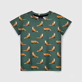 Детская футболка 3D с принтом Лисы паттерн в Тюмени, 100% гипоаллергенный полиэфир | прямой крой, круглый вырез горловины, длина до линии бедер, чуть спущенное плечо, ткань немного тянется | животные | звери | зеленый цвет | лесные животные | лиса | лисы | оранжевый | паттерн | рыжий