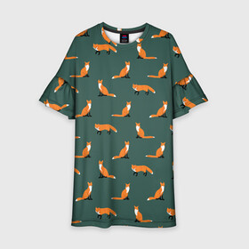 Детское платье 3D с принтом Лисы паттерн в Тюмени, 100% полиэстер | прямой силуэт, чуть расширенный к низу. Круглая горловина, на рукавах — воланы | животные | звери | зеленый цвет | лесные животные | лиса | лисы | оранжевый | паттерн | рыжий