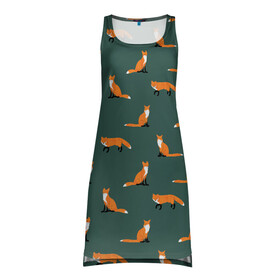 Платье-майка 3D с принтом Лисы паттерн в Тюмени, 100% полиэстер | полуприлегающий силуэт, широкие бретели, круглый вырез горловины, удлиненный подол сзади. | животные | звери | зеленый цвет | лесные животные | лиса | лисы | оранжевый | паттерн | рыжий