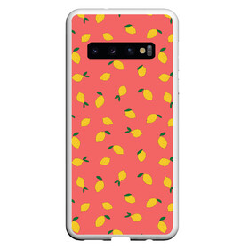 Чехол для Samsung Galaxy S10 с принтом Лимоны на кораловом в Тюмени, Силикон | Область печати: задняя сторона чехла, без боковых панелей | еда | кораловый цвет | лимонный | лимоны | минималистичный | оранжевый | паттерн | упорядоченный паттерн | цитрусовые