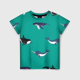 Детская футболка 3D с принтом Нарвал, киты, касатка паттерн в Тюмени, 100% гипоаллергенный полиэфир | прямой крой, круглый вырез горловины, длина до линии бедер, чуть спущенное плечо, ткань немного тянется | изумрудно зеленый цвет | касатки | киты | морская фауна | морские животные | морские жители | нарвал | океан | паттерн