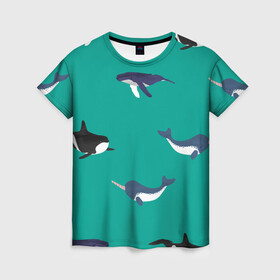 Женская футболка 3D с принтом Нарвал, киты, касатка паттерн в Тюмени, 100% полиэфир ( синтетическое хлопкоподобное полотно) | прямой крой, круглый вырез горловины, длина до линии бедер | изумрудно зеленый цвет | касатки | киты | морская фауна | морские животные | морские жители | нарвал | океан | паттерн