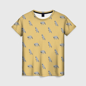 Женская футболка 3D с принтом Еноты паттерн в Тюмени, 100% полиэфир ( синтетическое хлопкоподобное полотно) | прямой крой, круглый вырез горловины, длина до линии бедер | pattern | raccoons | еноты | забавные животные | звери | кремовый | охра | охристый | паттерн | песочный цвет | светло желтый