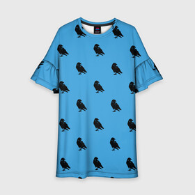 Детское платье 3D с принтом Вороны паттерн в Тюмени, 100% полиэстер | прямой силуэт, чуть расширенный к низу. Круглая горловина, на рукавах — воланы | вороны | городская птица | паттерн | птицы | силуэт | синий цвет | черный ворон