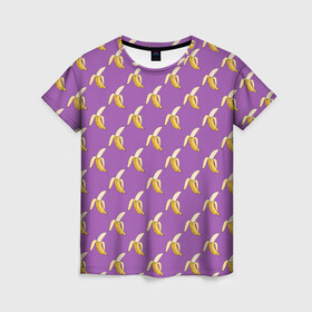 Женская футболка 3D с принтом Бананы на лиловом паттерн в Тюмени, 100% полиэфир ( синтетическое хлопкоподобное полотно) | прямой крой, круглый вырез горловины, длина до линии бедер | бананы | еда | лиловый | паттерн | сиреневый цвет | тропические фрукты | фиолетовый | фрукты