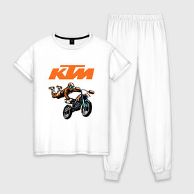 Женская пижама хлопок с принтом KTM | МОТОКРОСС (Z) в Тюмени, 100% хлопок | брюки и футболка прямого кроя, без карманов, на брюках мягкая резинка на поясе и по низу штанин | enduro | ktm | moto | moto sport | motocycle | sportmotorcycle | ктм | мото | мото спорт | мотоспорт | спорт мото
