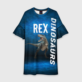 Детское платье 3D с принтом Dinosaurs Rex 3D в Тюмени, 100% полиэстер | прямой силуэт, чуть расширенный к низу. Круглая горловина, на рукавах — воланы | Тематика изображения на принте: dinosaurs rex | tyrannosaurus | динозавры | принт с динозавром | рекс | тиранозавр | топ | тренд