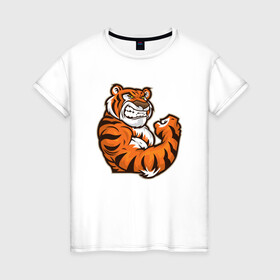 Женская футболка хлопок с принтом Сила Тигра в Тюмени, 100% хлопок | прямой крой, круглый вырез горловины, длина до линии бедер, слегка спущенное плечо | 2022 | animal | cat | lion | tiger | год тигра | животные | зверь | зубы | кот | кошка | лев | охотник | полосатый | природа | тигр | тигренок | тигрица | хищник