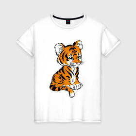 Женская футболка хлопок с принтом Little Tiger в Тюмени, 100% хлопок | прямой крой, круглый вырез горловины, длина до линии бедер, слегка спущенное плечо | 2022 | animal | cat | lion | tiger | год тигра | животные | зверь | зубы | кот | кошка | лев | охотник | полосатый | природа | тигр | тигренок | тигрица | хищник