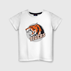 Детская футболка хлопок с принтом Sport Tigers в Тюмени, 100% хлопок | круглый вырез горловины, полуприлегающий силуэт, длина до линии бедер | 2022 | animal | cat | lion | sport | tiger | год тигра | животные | зверь | зубы | кот | кошка | лев | охотник | полосатый | природа | спорт | тигр | тигренок | тигрица | хищник