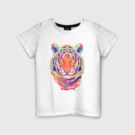 Детская футболка хлопок с принтом Color Tiger в Тюмени, 100% хлопок | круглый вырез горловины, полуприлегающий силуэт, длина до линии бедер | 2022 | animal | cat | lion | tiger | год тигра | животные | зверь | зубы | кот | кошка | лев | охотник | полосатый | природа | тигр | тигренок | тигрица | хищник