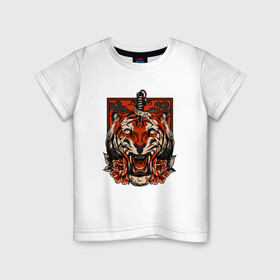 Детская футболка хлопок с принтом Red Tiger в Тюмени, 100% хлопок | круглый вырез горловины, полуприлегающий силуэт, длина до линии бедер | 2022 | animal | cat | lion | tiger | год тигра | животные | зверь | зубы | кот | кошка | лев | охотник | полосатый | природа | тигр | тигренок | тигрица | хищник