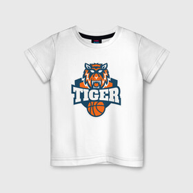 Детская футболка хлопок с принтом Tiger Basketball в Тюмени, 100% хлопок | круглый вырез горловины, полуприлегающий силуэт, длина до линии бедер | 2022 | animal | basketball | cat | lion | nba | tiger | баскетбол | год тигра | животные | зверь | зубы | кот | кошка | лев | нба | охотник | полосатый | природа | спорт | тигр | тигренок | тигрица | хищник