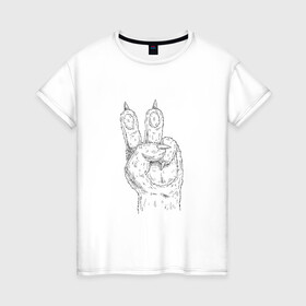 Женская футболка хлопок с принтом ЛАПА | МИР (Z) в Тюмени, 100% хлопок | прямой крой, круглый вырез горловины, длина до линии бедер, слегка спущенное плечо | anarchy | hippies | peace | анархизм | анархия | два пальца | лапа | лапа зверя | любовь | мир | мир животным | хиппи
