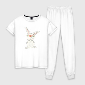 Женская пижама хлопок с принтом милый кролик в Тюмени, 100% хлопок | брюки и футболка прямого кроя, без карманов, на брюках мягкая резинка на поясе и по низу штанин | заяц | кролик. венок | лапы | мода | мультик | персонаж | уши | хвост