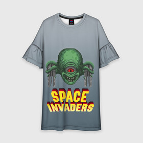 Детское платье 3D с принтом Space Invaders | Old game (Z) в Тюмени, 100% полиэстер | прямой силуэт, чуть расширенный к низу. Круглая горловина, на рукавах — воланы | Тематика изображения на принте: dendy | invaders | nintendo | shootem up | space invaders | денди | захватчики | космические захватчики | су имбэ | чужаки