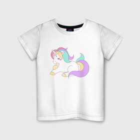 Детская футболка хлопок с принтом волшебная лошадка в Тюмени, 100% хлопок | круглый вырез горловины, полуприлегающий силуэт, длина до линии бедер | волшебная | единорог | копыта | лошадка | пони | рог | розовая | сказка | фиолетовая